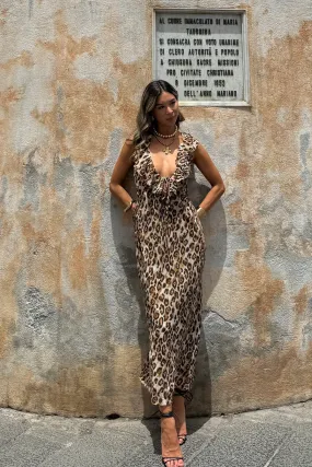 Feminine Charm Smart Tones Sydney Leopard Sleeveless Ruffle Maxi Dress