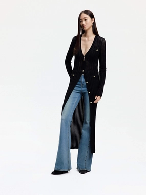 Long Line Knit Cardigan Layered Knit Structure Stretch Waistband Design