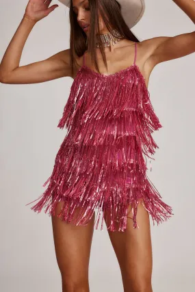 Effortless Mood Edgy Twist Talia Pink Sequin Fringe Romper