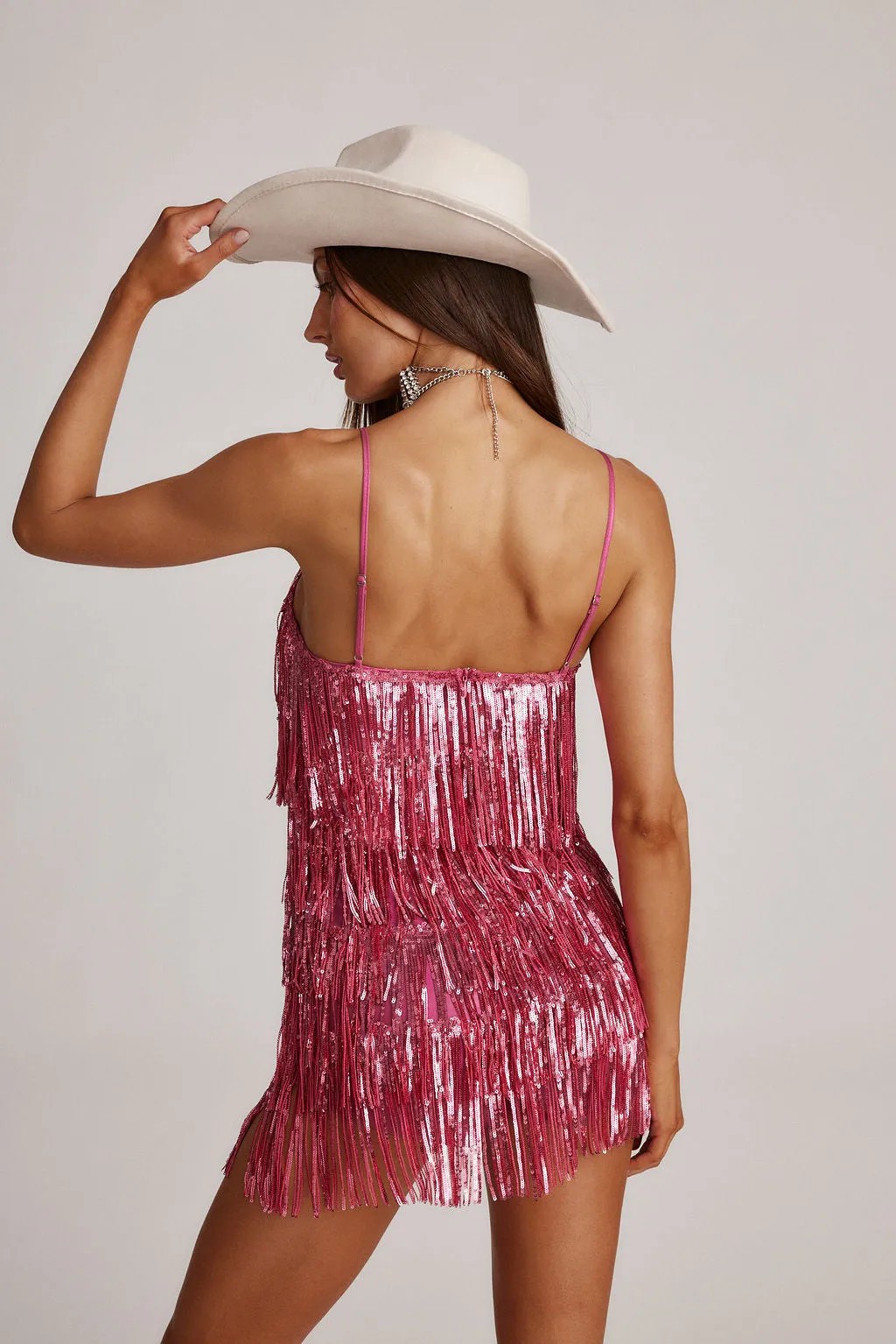 Talia Pink Sequin Fringe Romper Travel Wear Wrap Glow