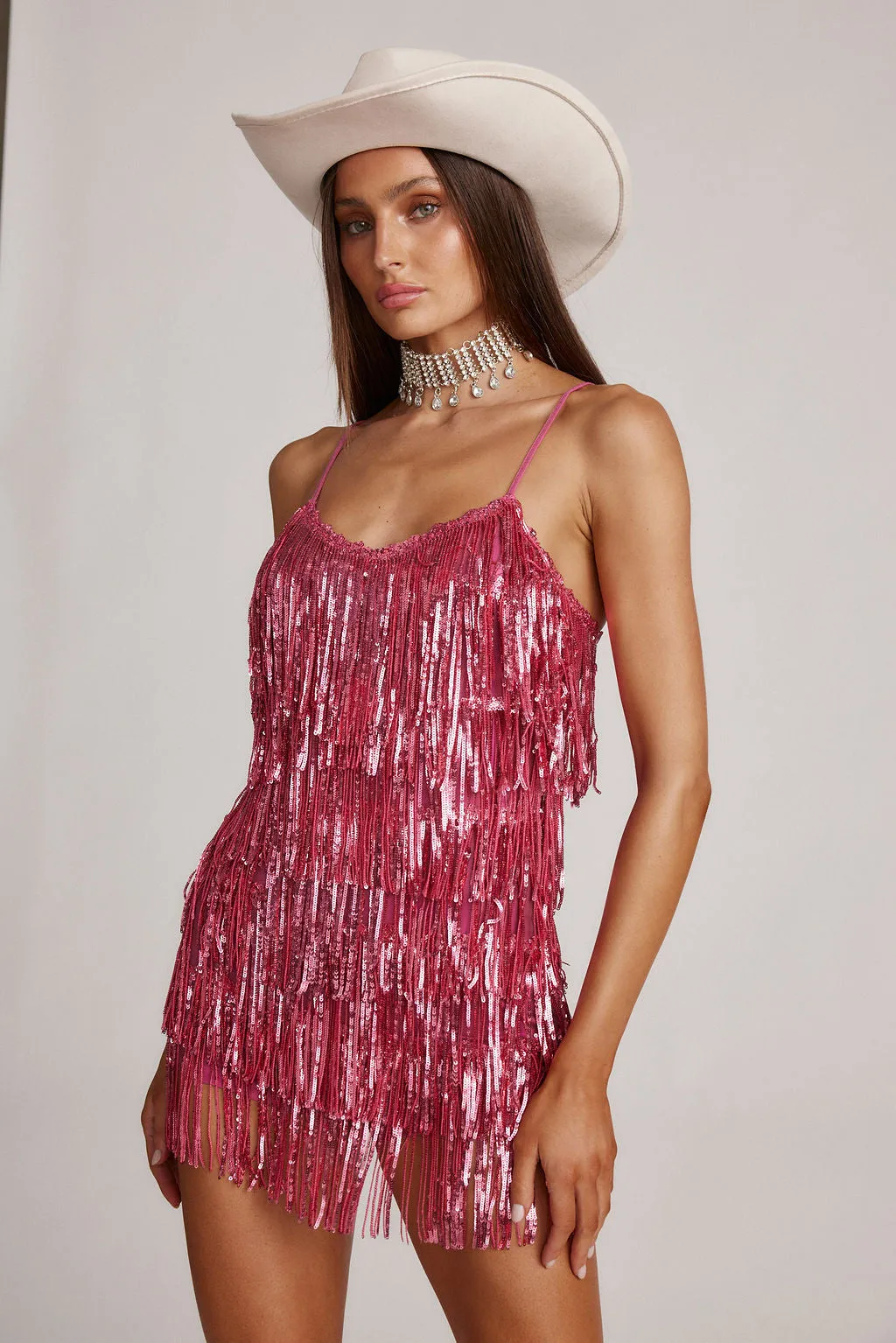 TemperatureRegulatingFabric Talia Pink Sequin Fringe Romper