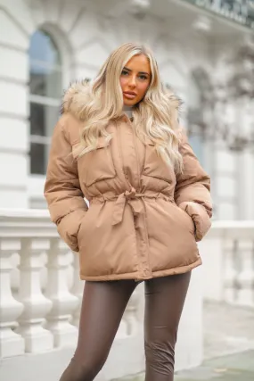 Adjustable Hood System Tan Drawstring Luxury Fur Padded Belted Coat