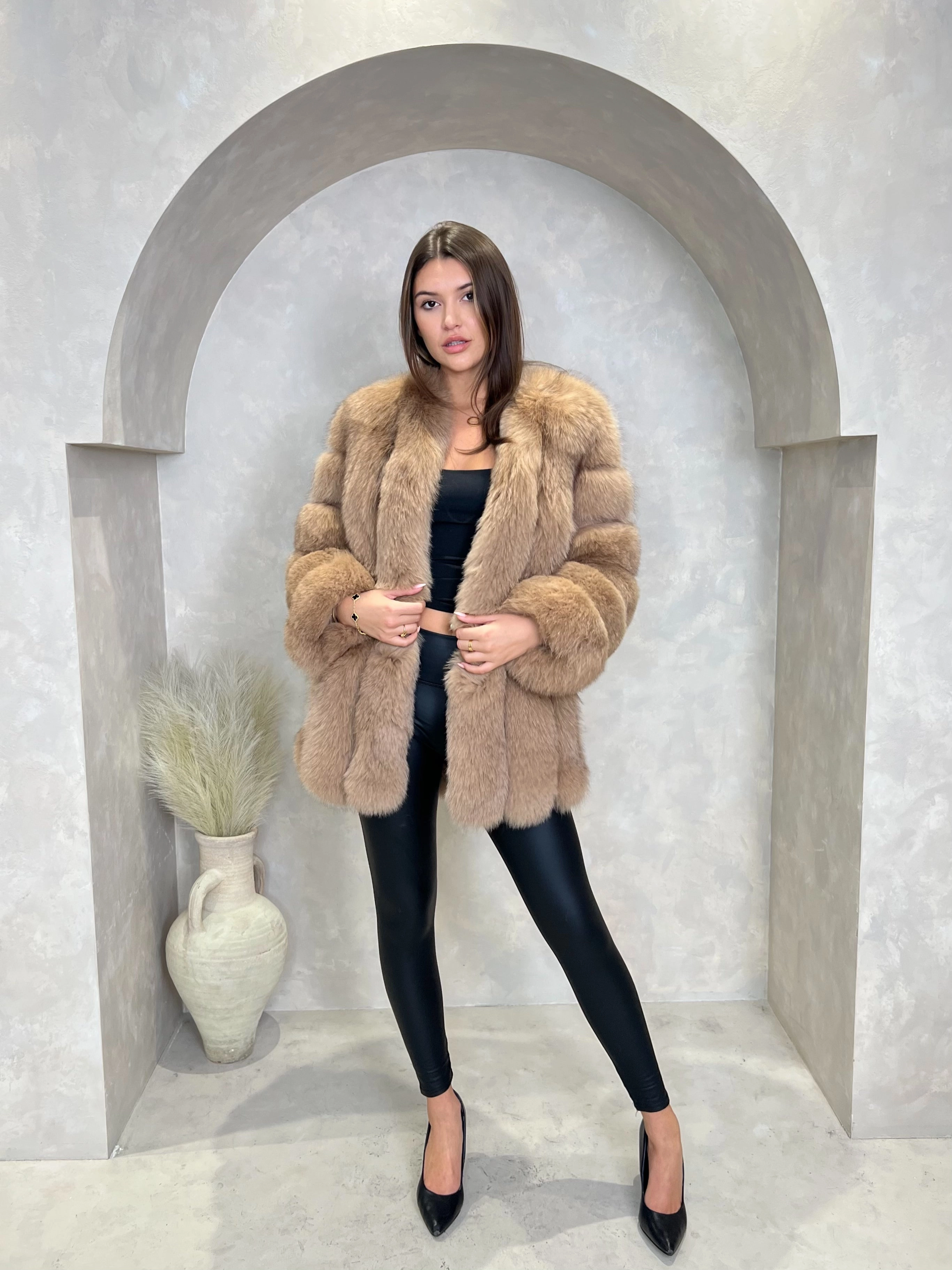 Tan Luxury Fur Mid Length Coat Multi Layer Option