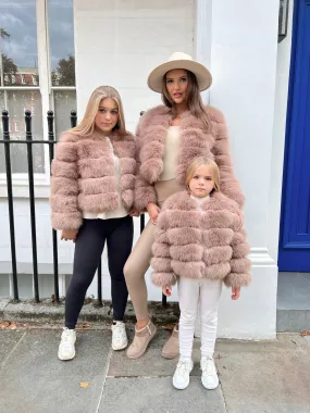 Rubberized Zippers Taupe Childrens Faux Fur Coat