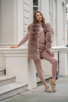 Taupe Premium Faux Fur Longline Gilet Weatherproof Zipper Tech