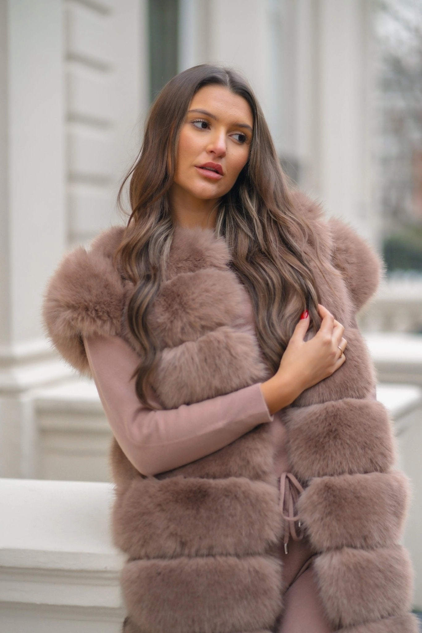 Easy Care Machine Washable Taupe Premium Faux Fur Longline Gilet