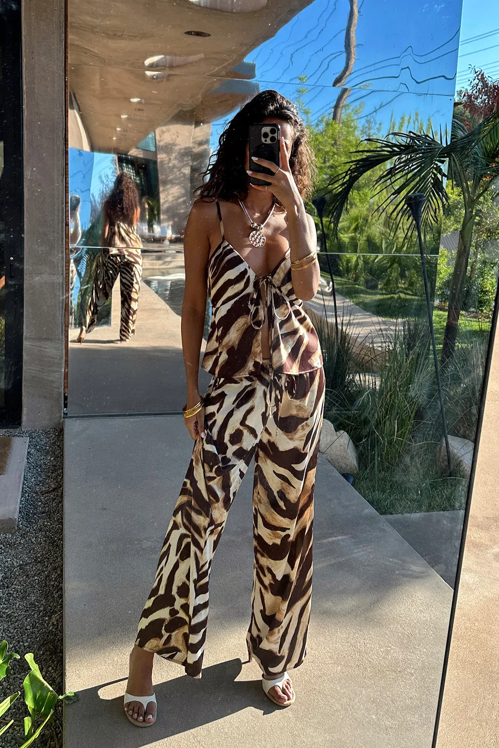 Clear Breeze Mocha Zebra Satin Pants Essential Layer Everyday Must-have