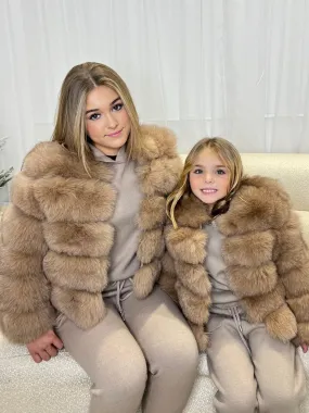 Childrens Tan Luxury Fur Coat Flexible Shoulder Panels