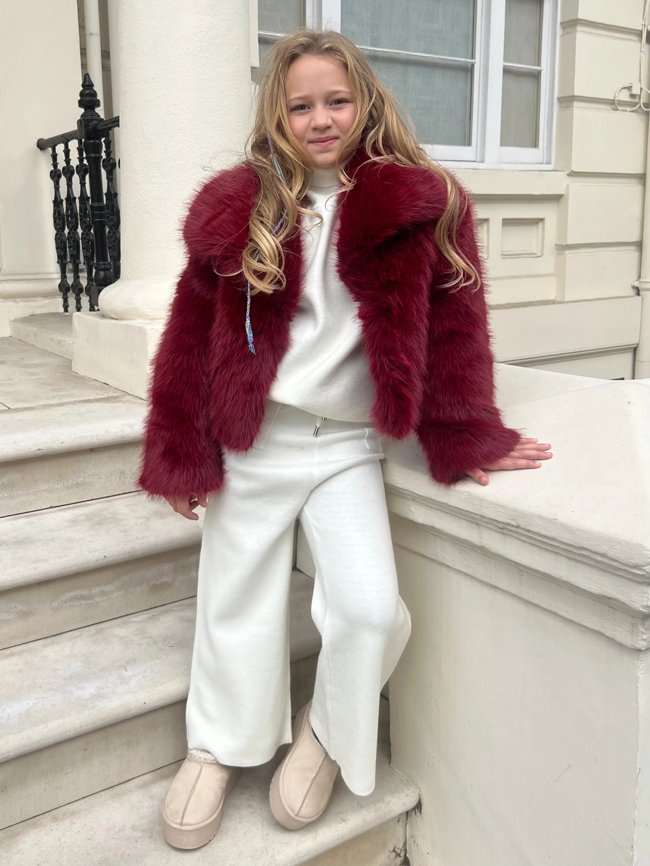 Burgundy Childrens Collared Faux Fur Coat Luxury Appeal Bonded seams