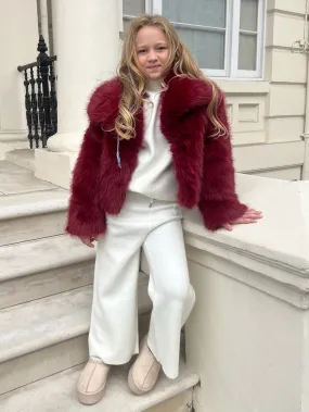 Burgundy Childrens Collared Faux Fur Coat Luxury Appeal Bonded seams