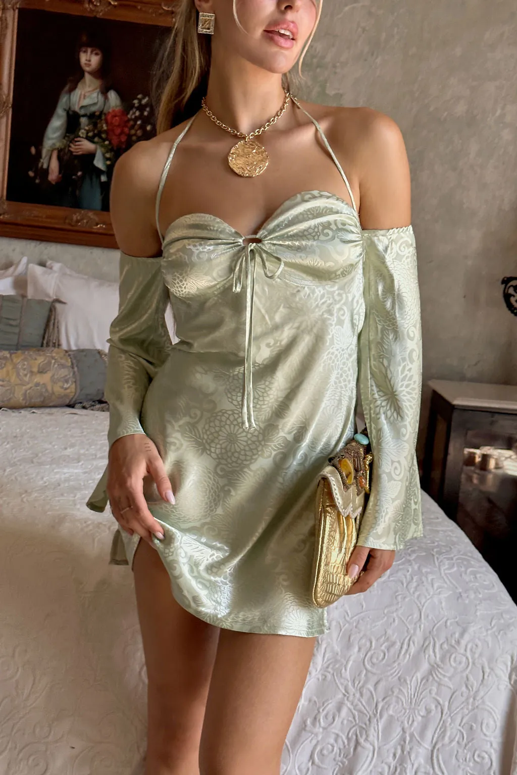 Pearlina Sage Printed Satin Mini Dress Smart Blend