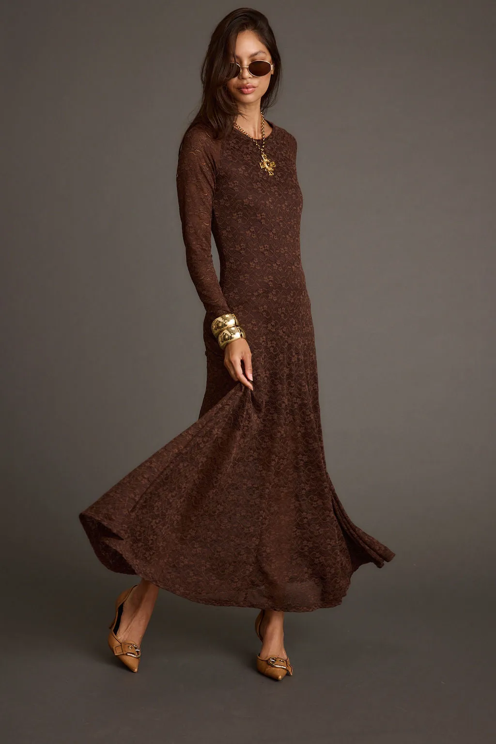 Tierra Brown Lace Long Sleeve Maxi Dress Daywear Fit Family Joy