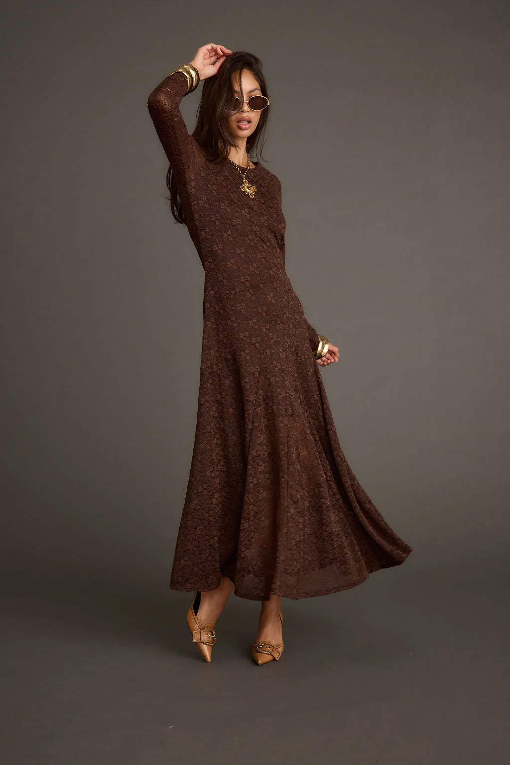 Tierra Brown Lace Long Sleeve Maxi Dress Flowing Lines