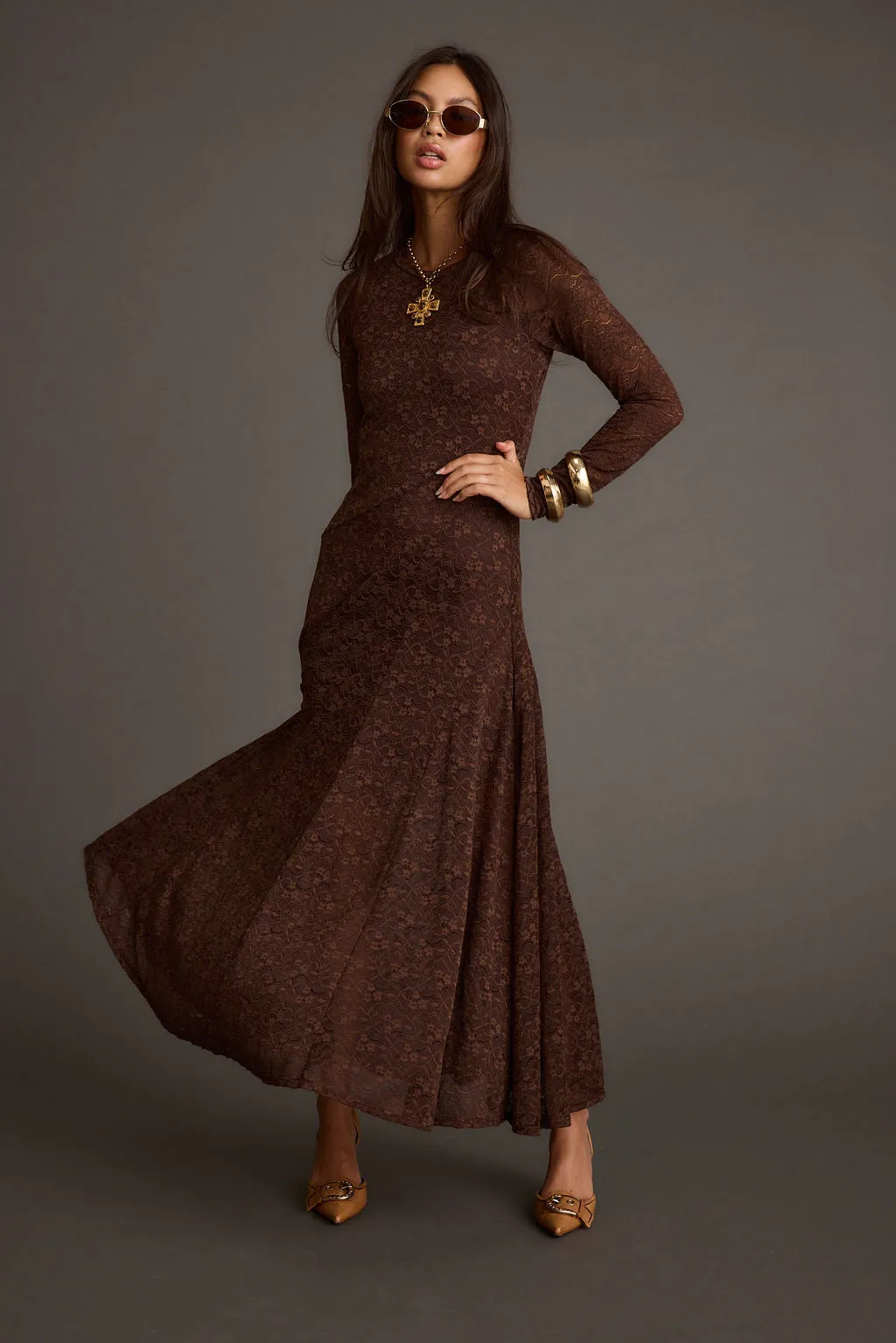 Tierra Brown Lace Long Sleeve Maxi Dress Work Vibes