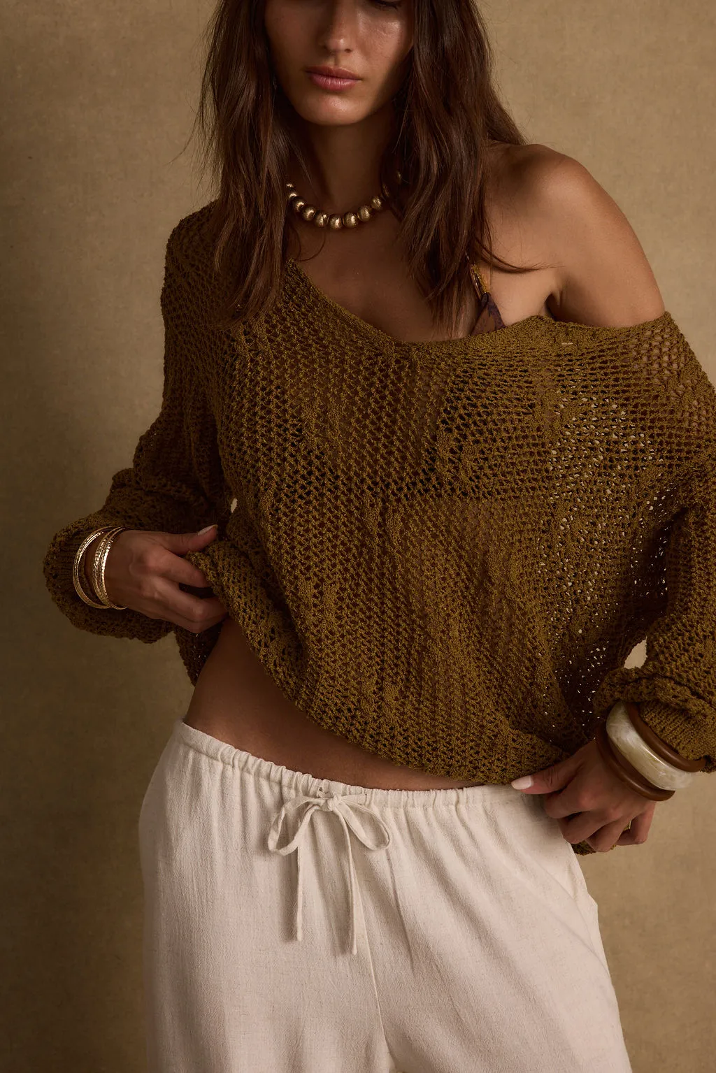 Sunfade Olive Crochet Sweater Soft Touch Ribbing