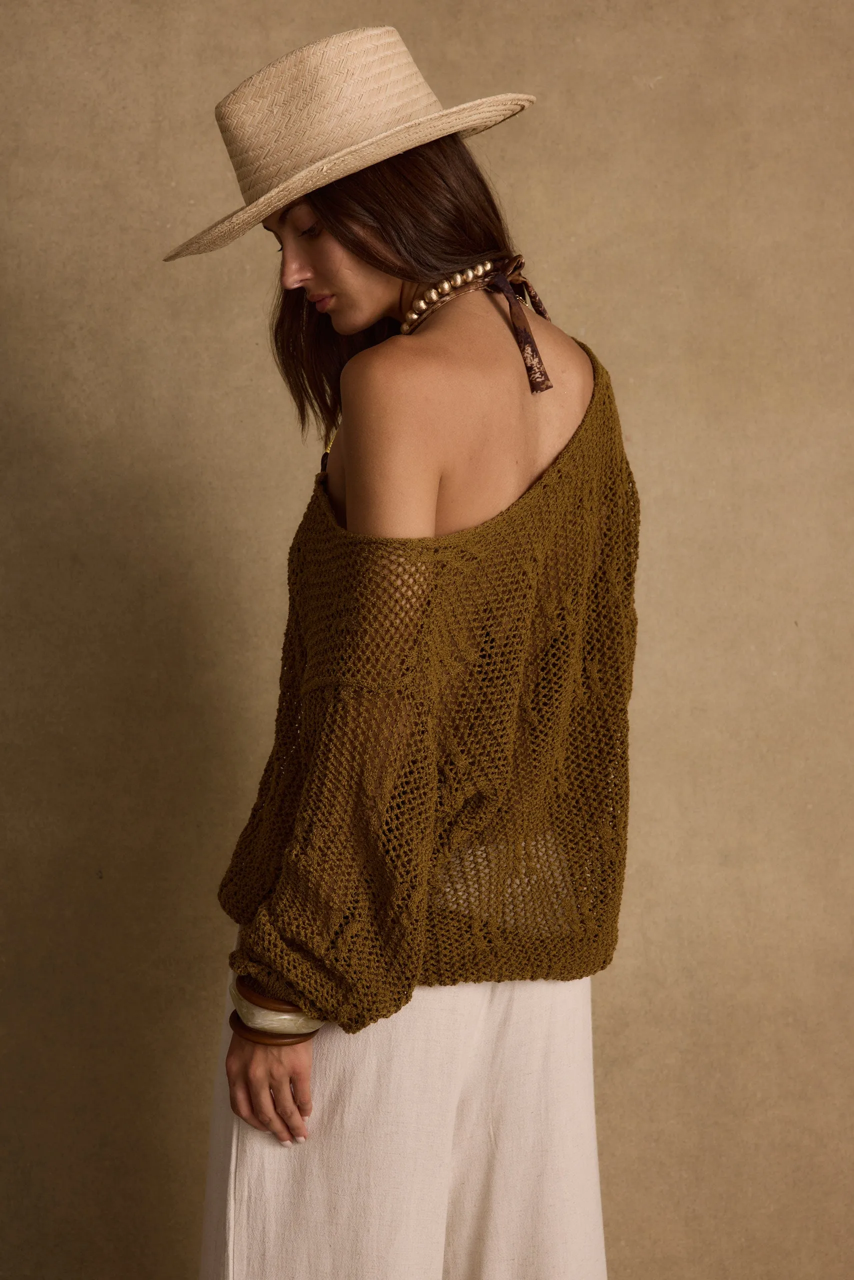 Button - up Sunfade Olive Crochet Sweater