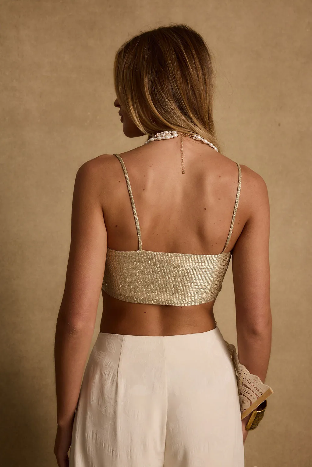 Fashion Blouse Curved Hem Toulouse Metallic Gold Crop Top