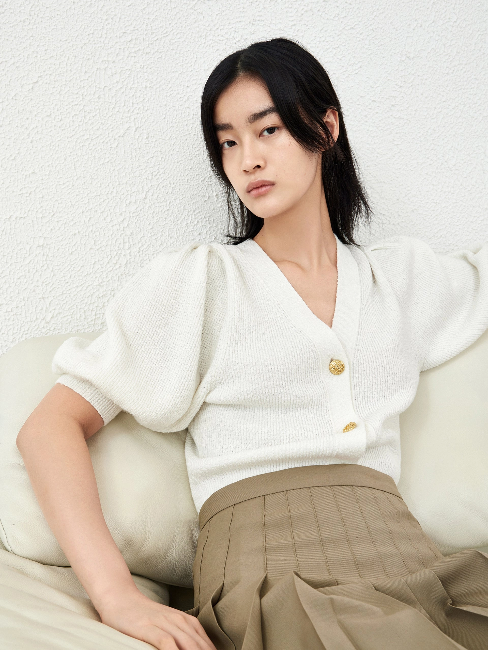MoistureWicking SoftTouch Material Wool Blend Puff Sleeve Top