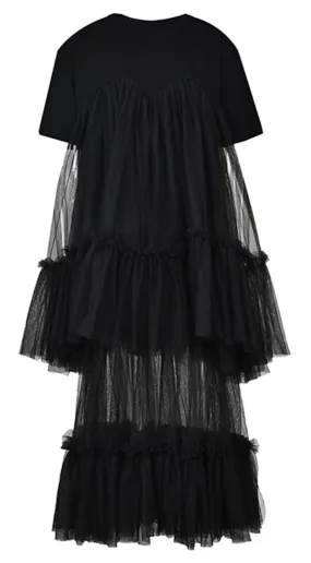 Tulle Trim Knit Dress Draped Silhouette