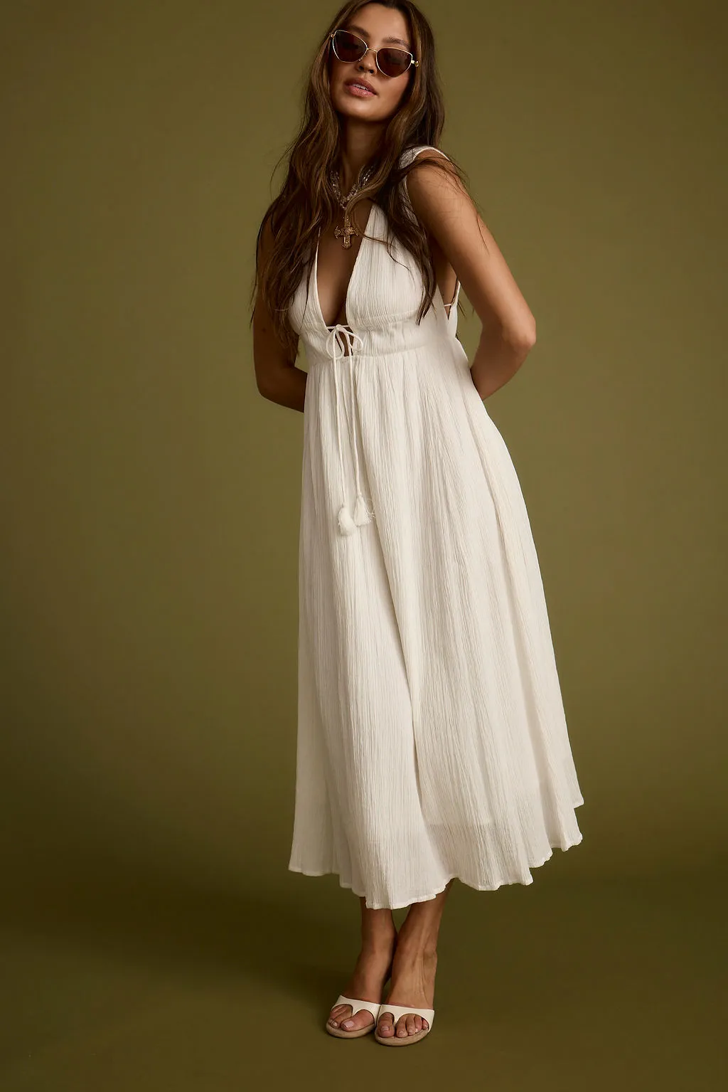 Turks Plunge White Gauze Maxi Dress Chic and Stylish