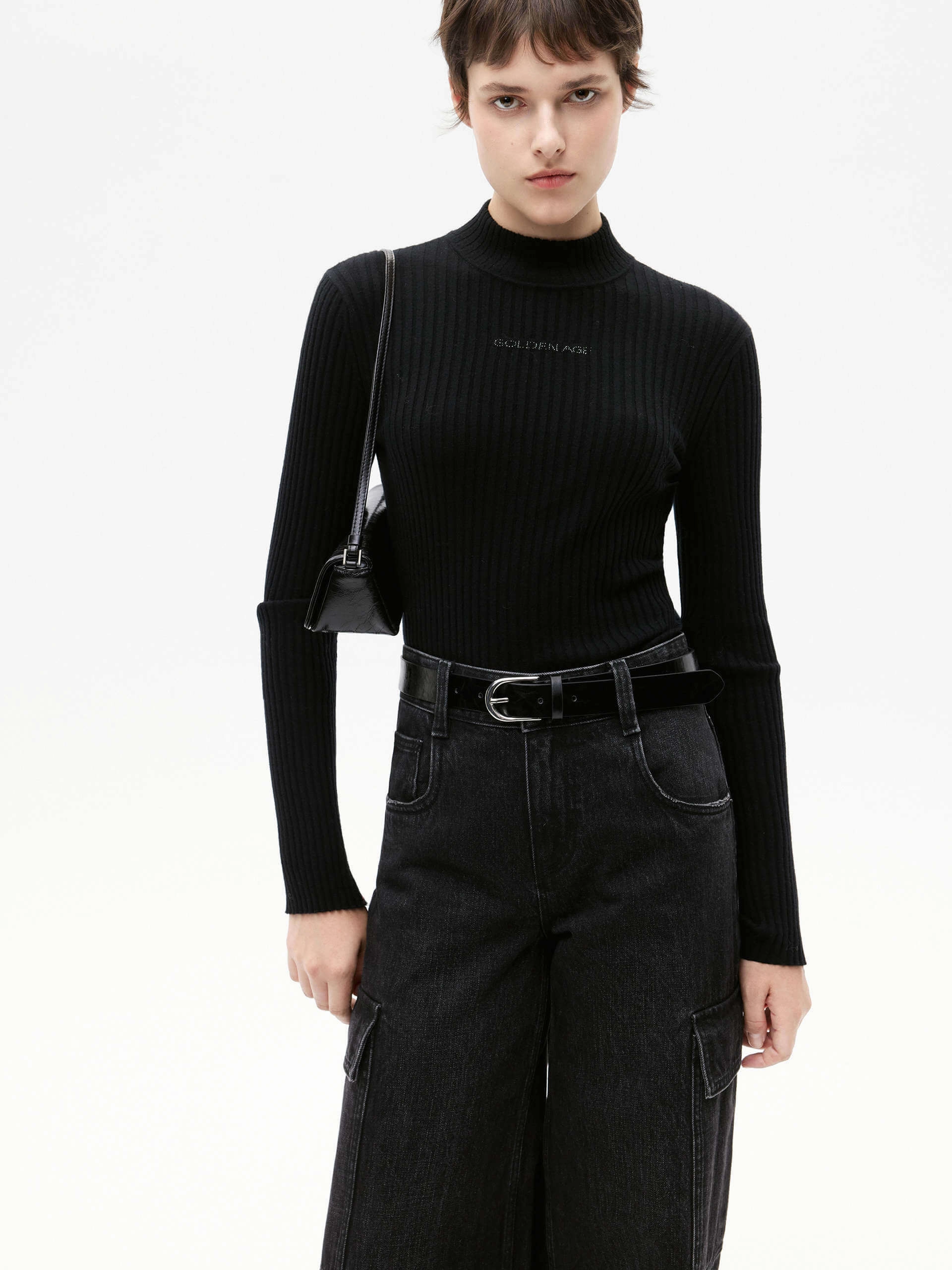 FourWay Stretch Hooded Neckline Option Turtleneck Ribbed Knitted Top