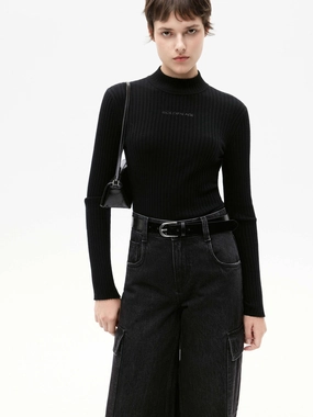 Turtleneck Ribbed Knitted Top Lightweight Open Weave Urban Look