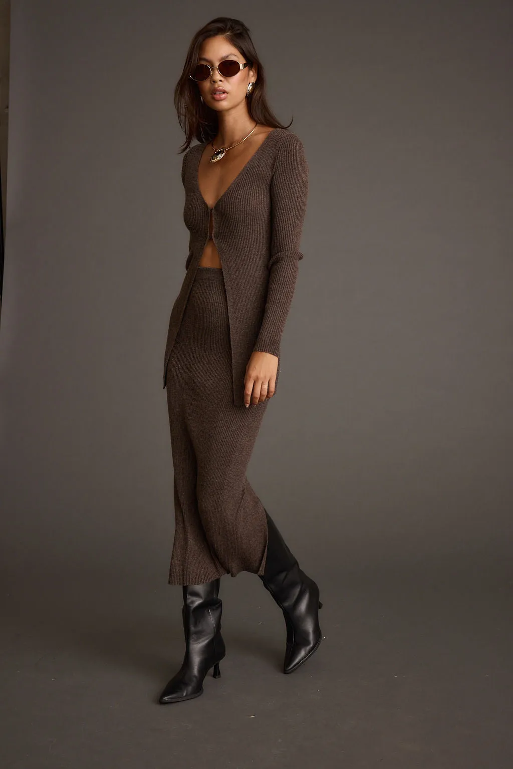 Tusk Mocha Open Front Longline Knit Sweater Rice Geometric Shape