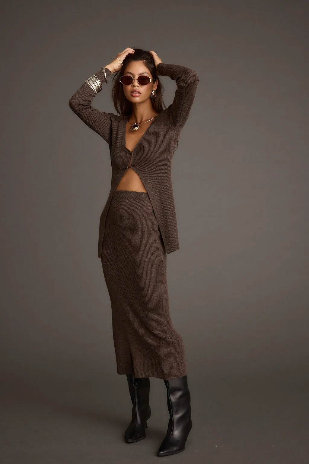 Tusk Mocha Open Front Longline Knit Sweater Faux Silk