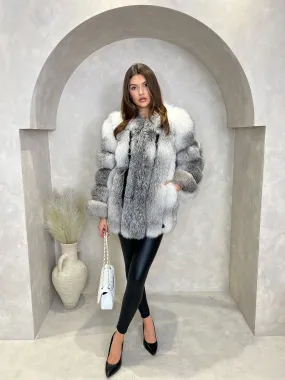 Stretchable Fabric Thermal Lining Two Tone White Luxury mid Length Fur
