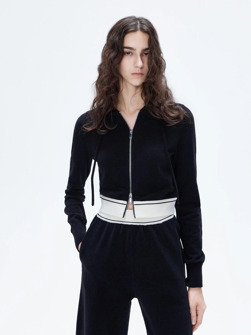Two Way Zip Hood Cardigan Simple Layer Wide Hem Detail