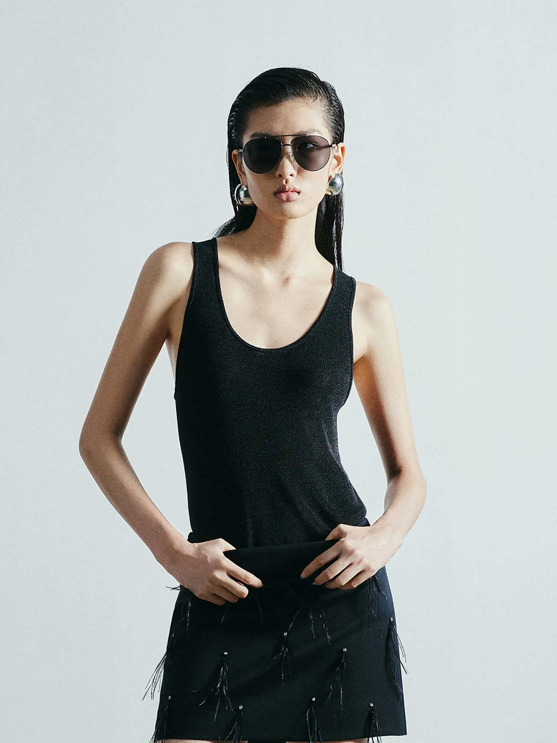 U-neck Knitted Tank Breathable Textured Fabric Simple Style