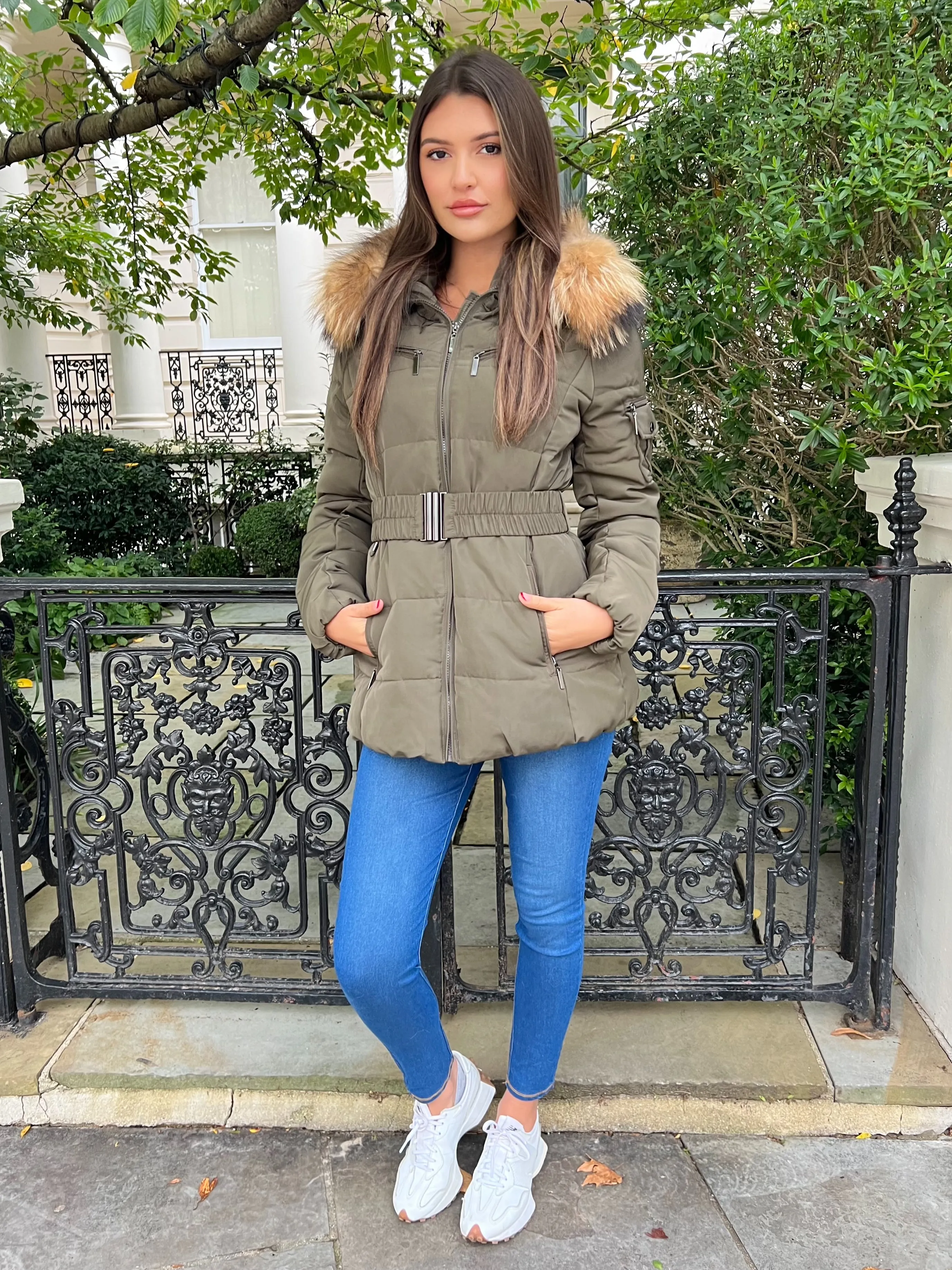 CompactFoldable UV Block Khaki/Natural Fur Luxury Fur Padded Belted Coat