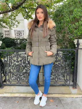 Khaki/Natural Fur Luxury Fur Padded Belted Coat OdorControl Treatment