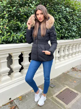 Black/Natural Fur Luxury Fur Padded Belted Coat Durable Color Retention