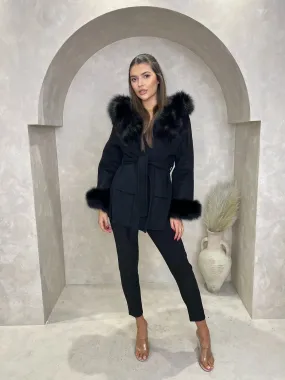 Light Reflective Logos Functional Layer Piece Black/Black Cashmere Coat With Fox Fur Trim