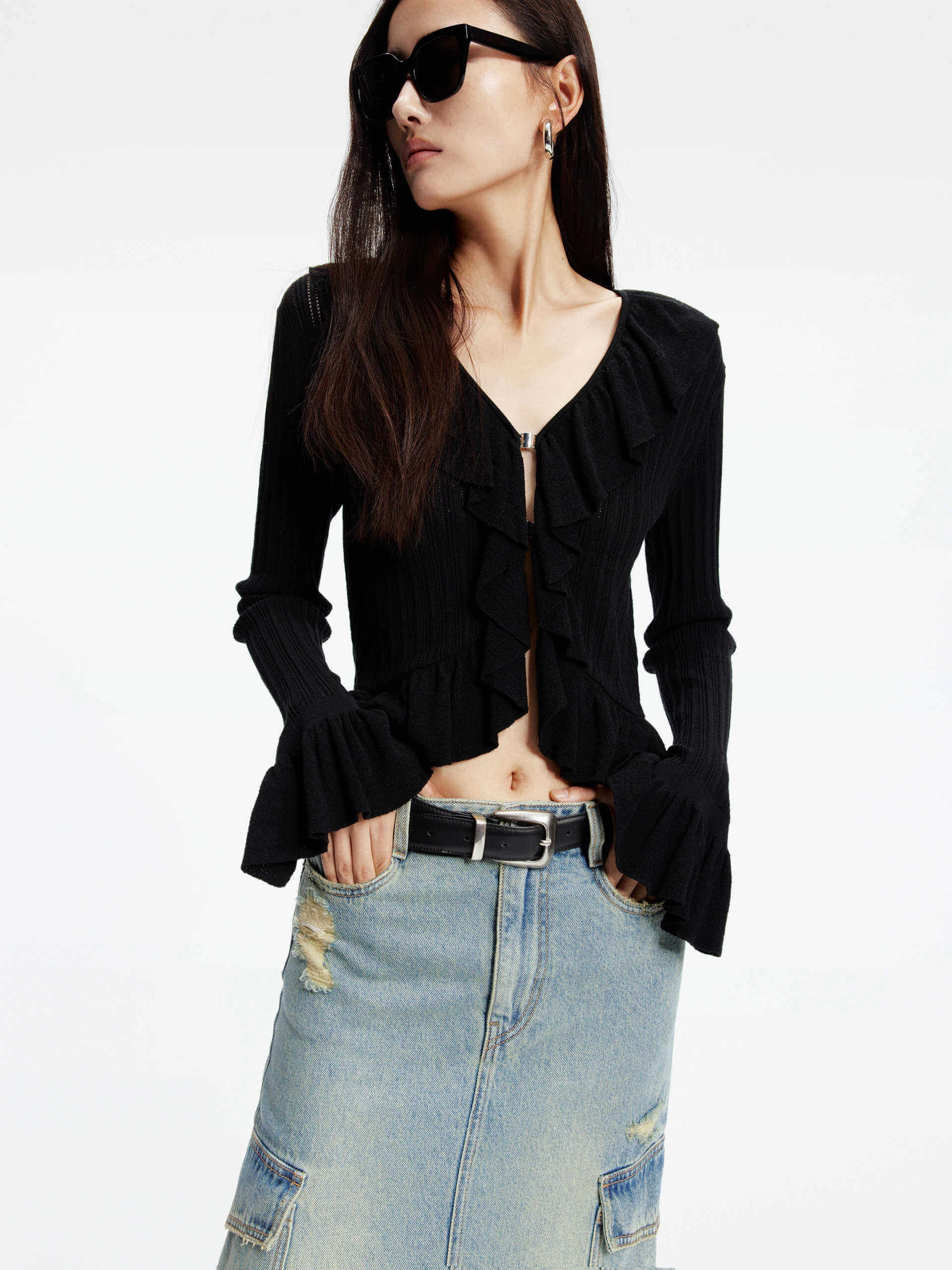 Anti Static Technology Home Layer Knitted Ruffle Trim Cardigan