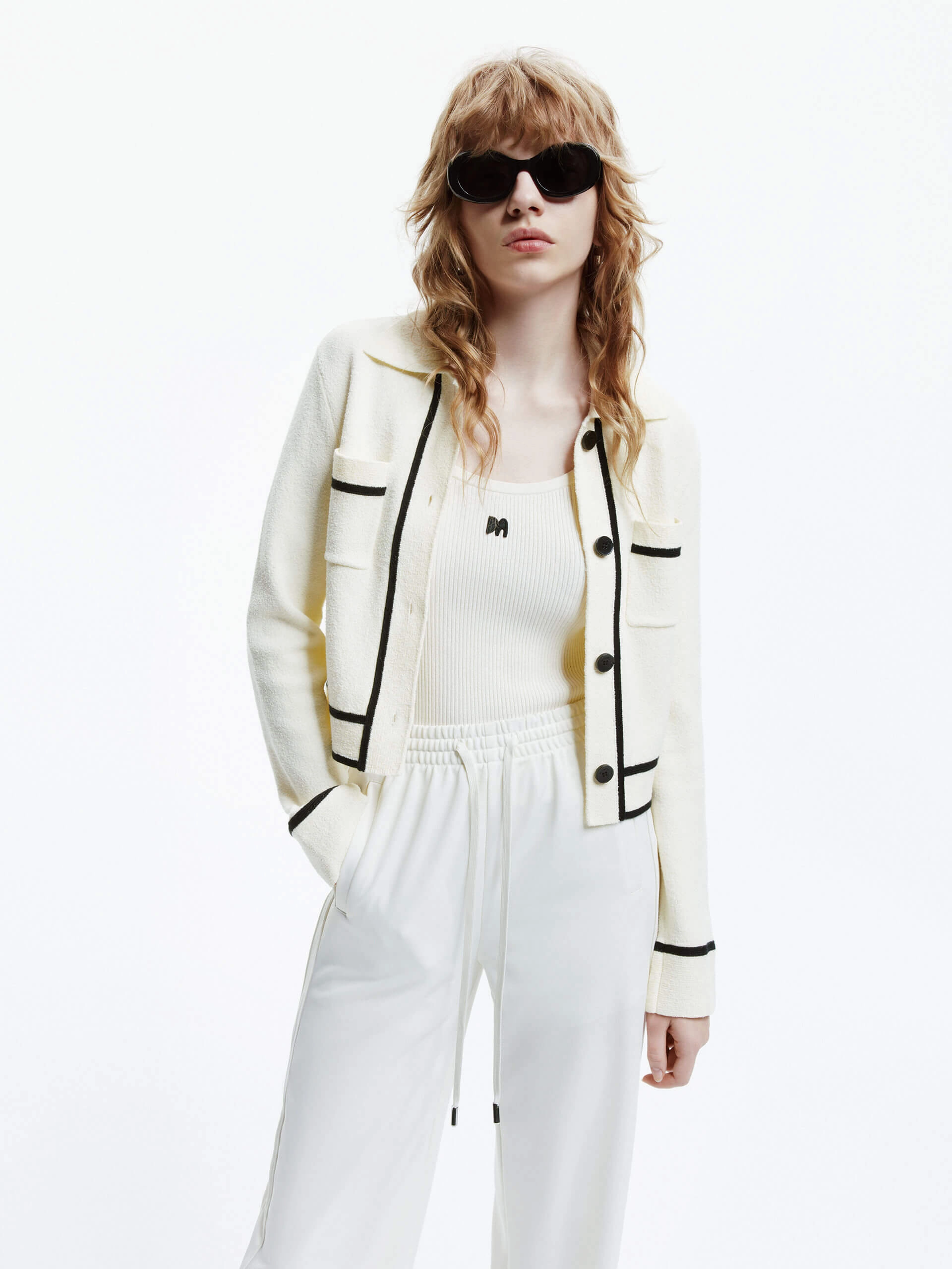 Contrast Detail Knit Cardigan FourWay Stretch Design Layered Texture