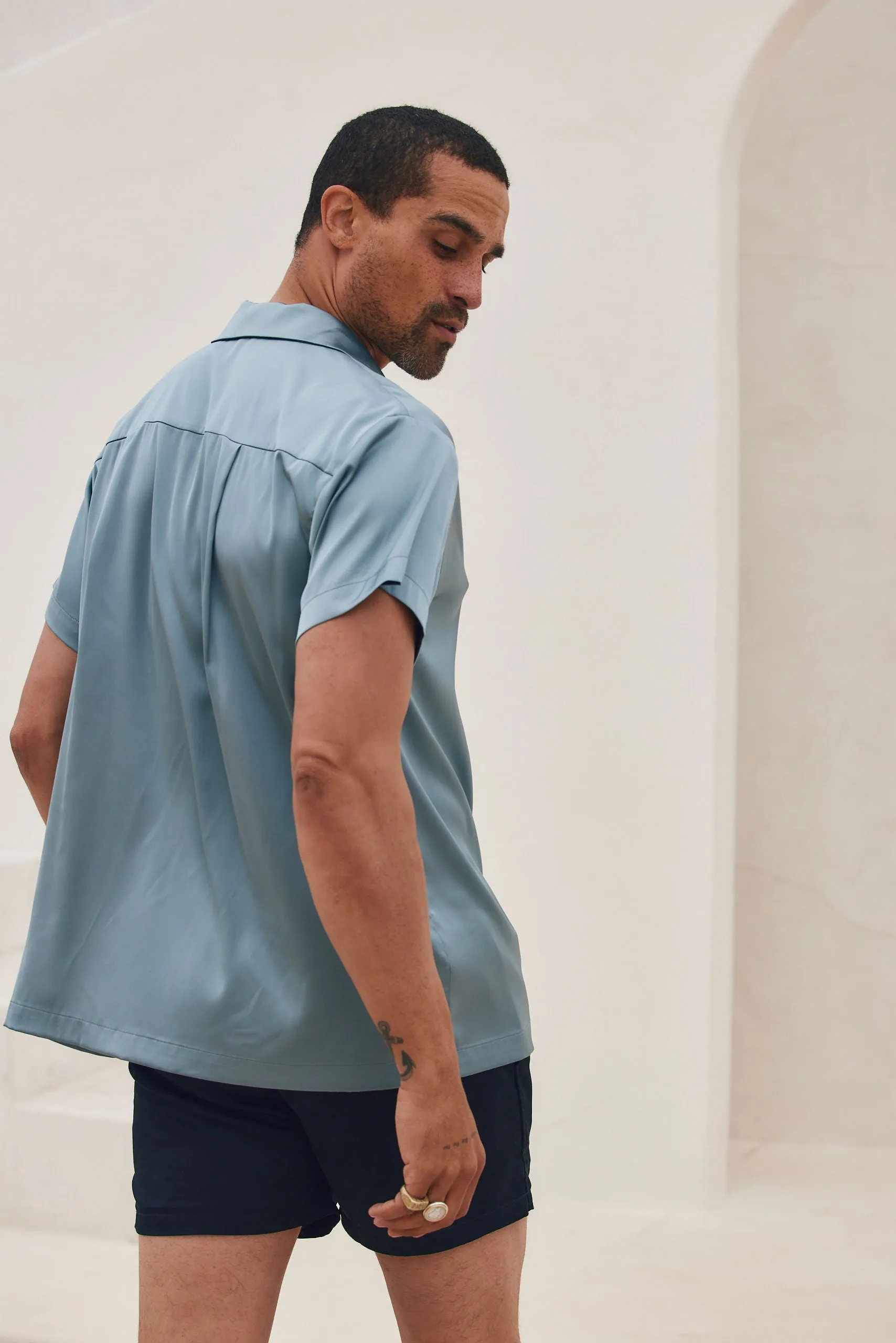 Adjustable Shoulder Straps Vaughn Blue Satin Camp Shirt