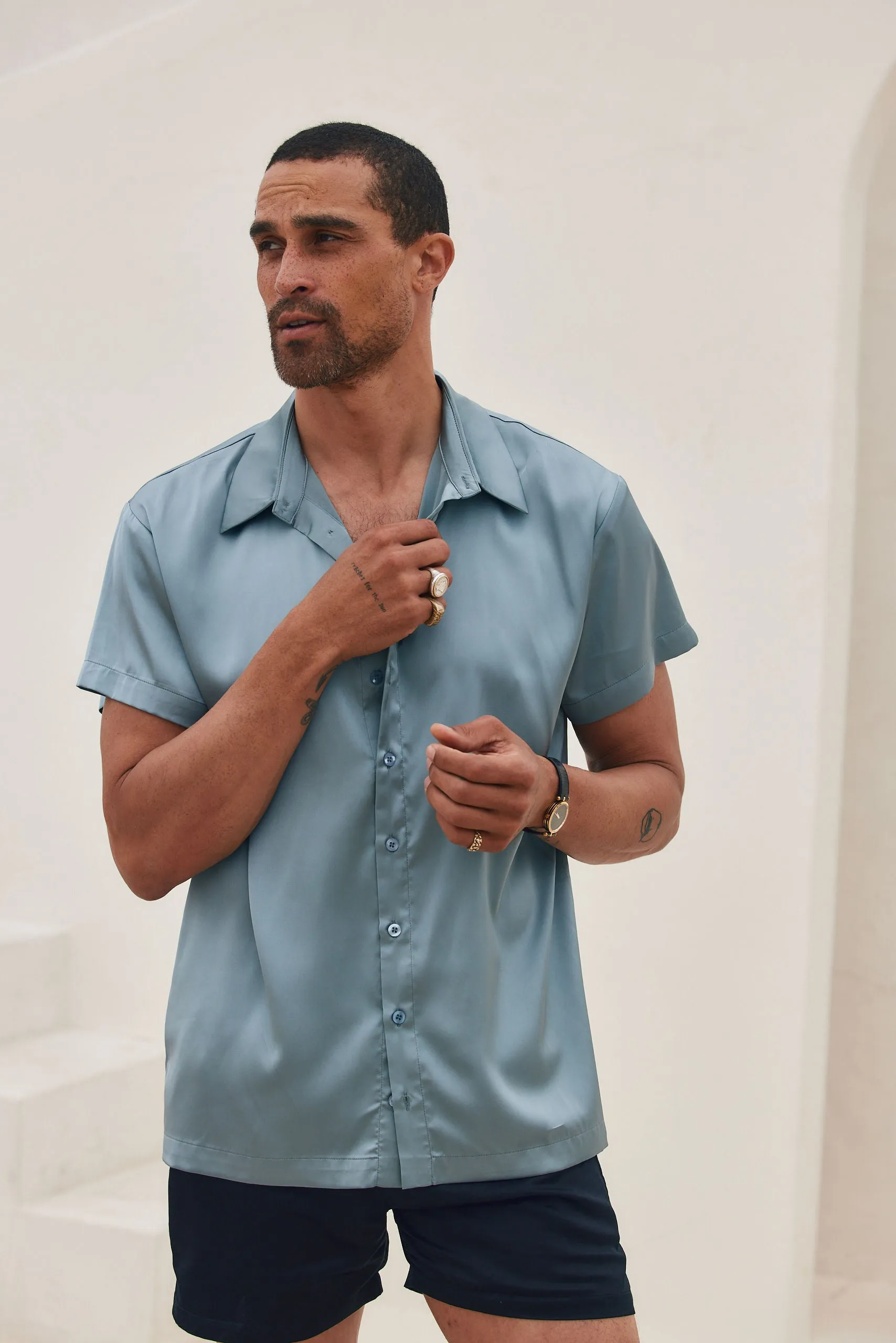 Vaughn Blue Satin Camp Shirt Fitted Blouse