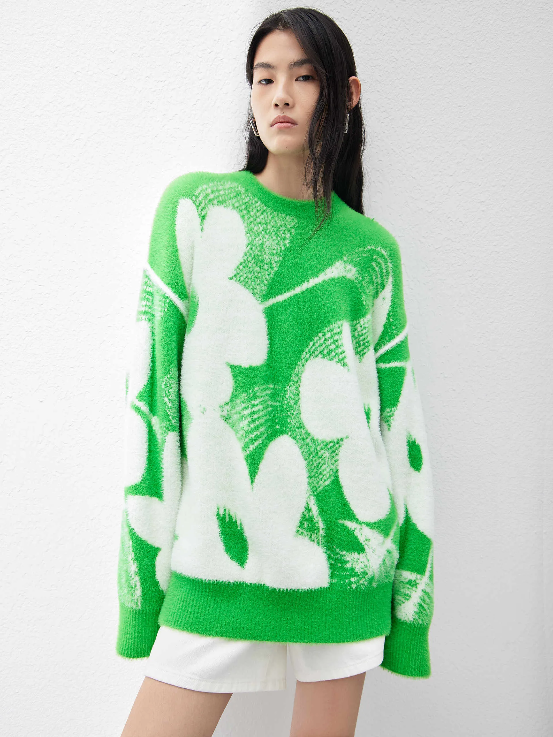 Friction Resistant Edging Texture Floral Pattern Sweater