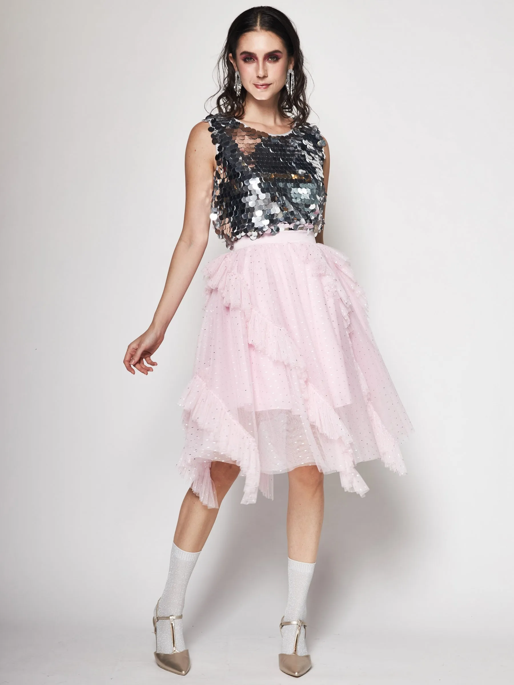 UV Protection Asymmetric Tulle Midi Skirt