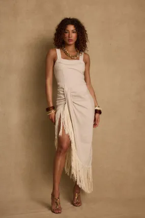 Serenade Beige Linen Wrap Midi Dress Stud-Detail Event Favorite