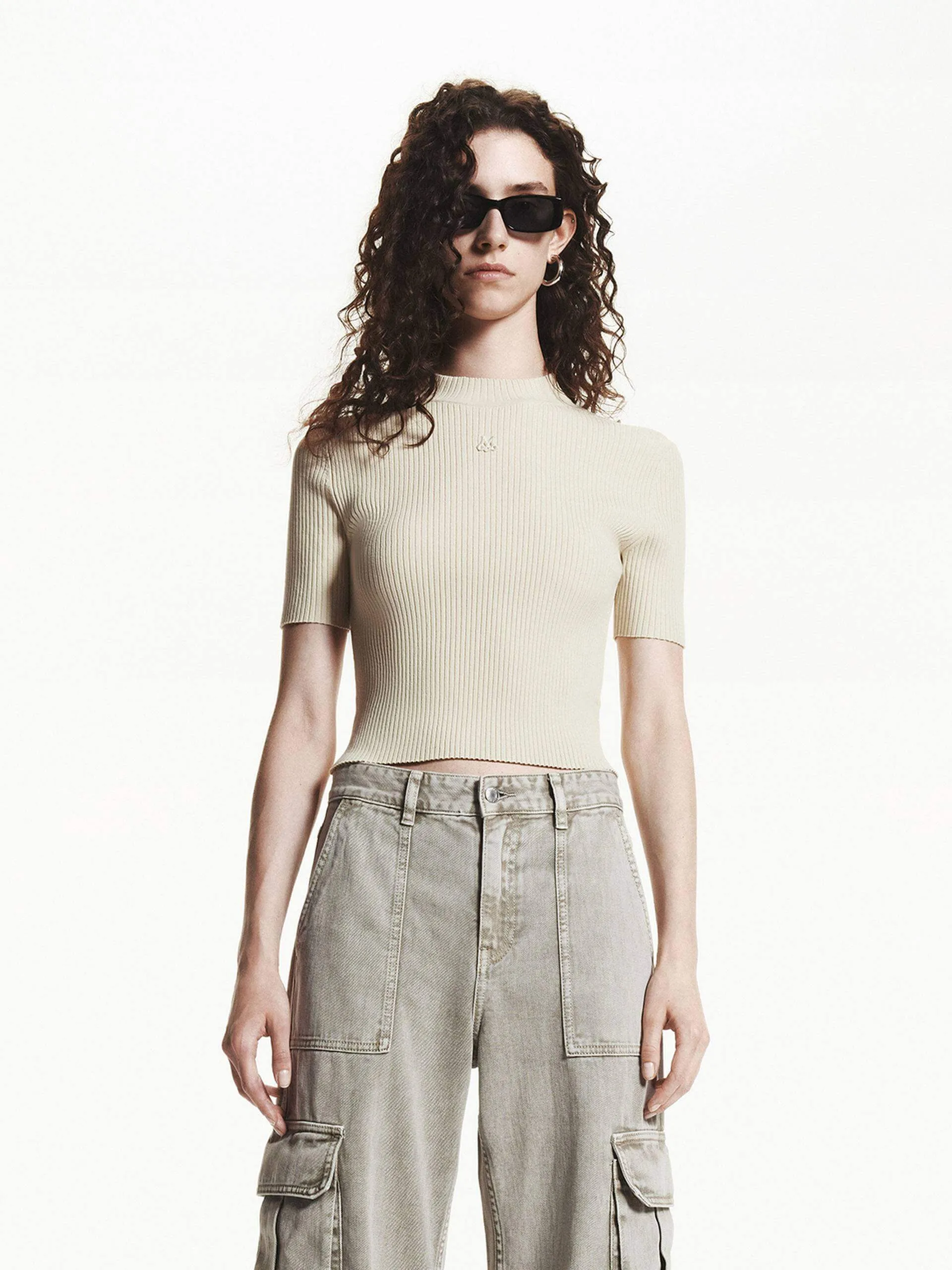 Layered Knit Style Seasonal Fashion Cropped Ribbed Knit Top