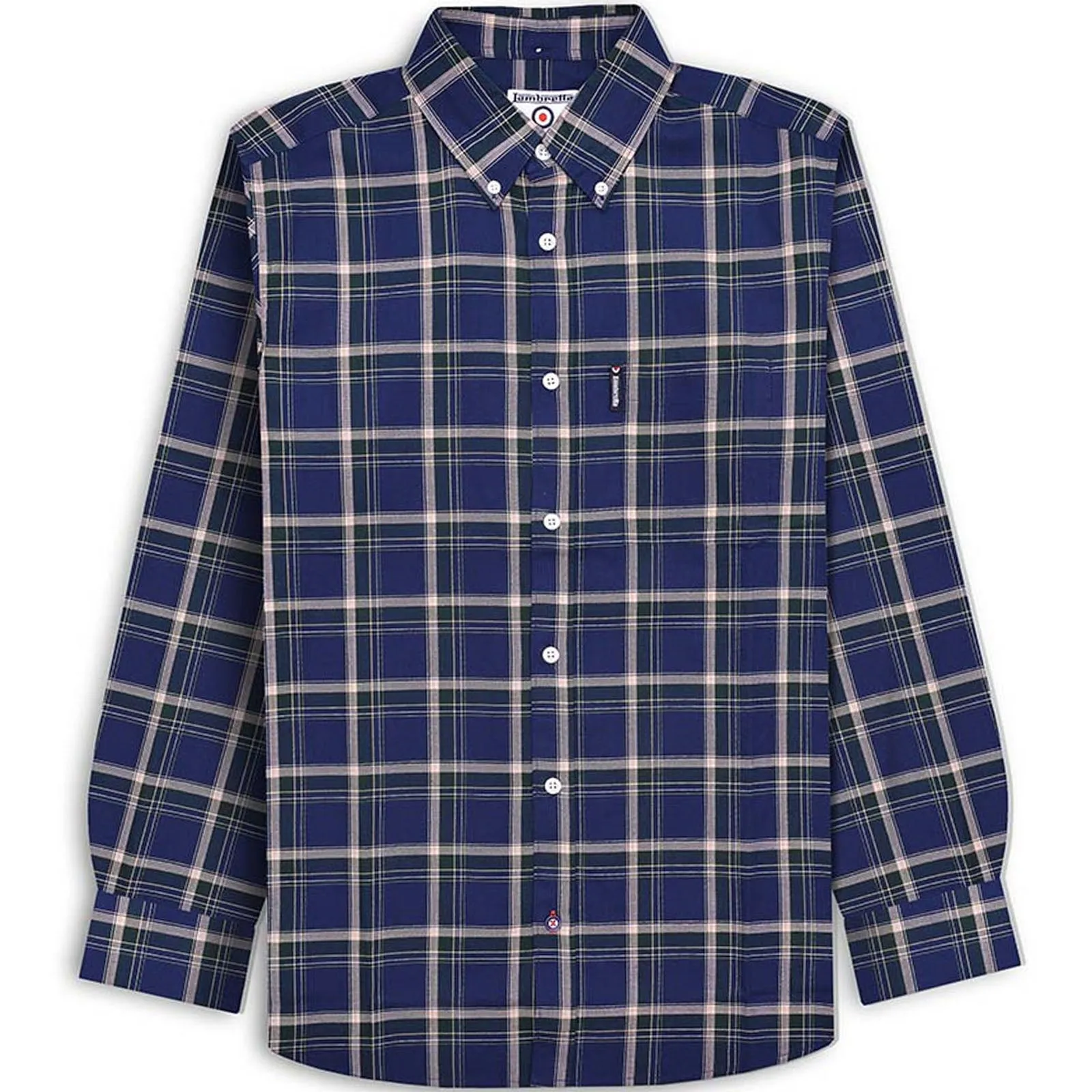Lambretta Mens Long Sleeve Checked Checkered Smart Shirt - Navy/Green Breathable back panel