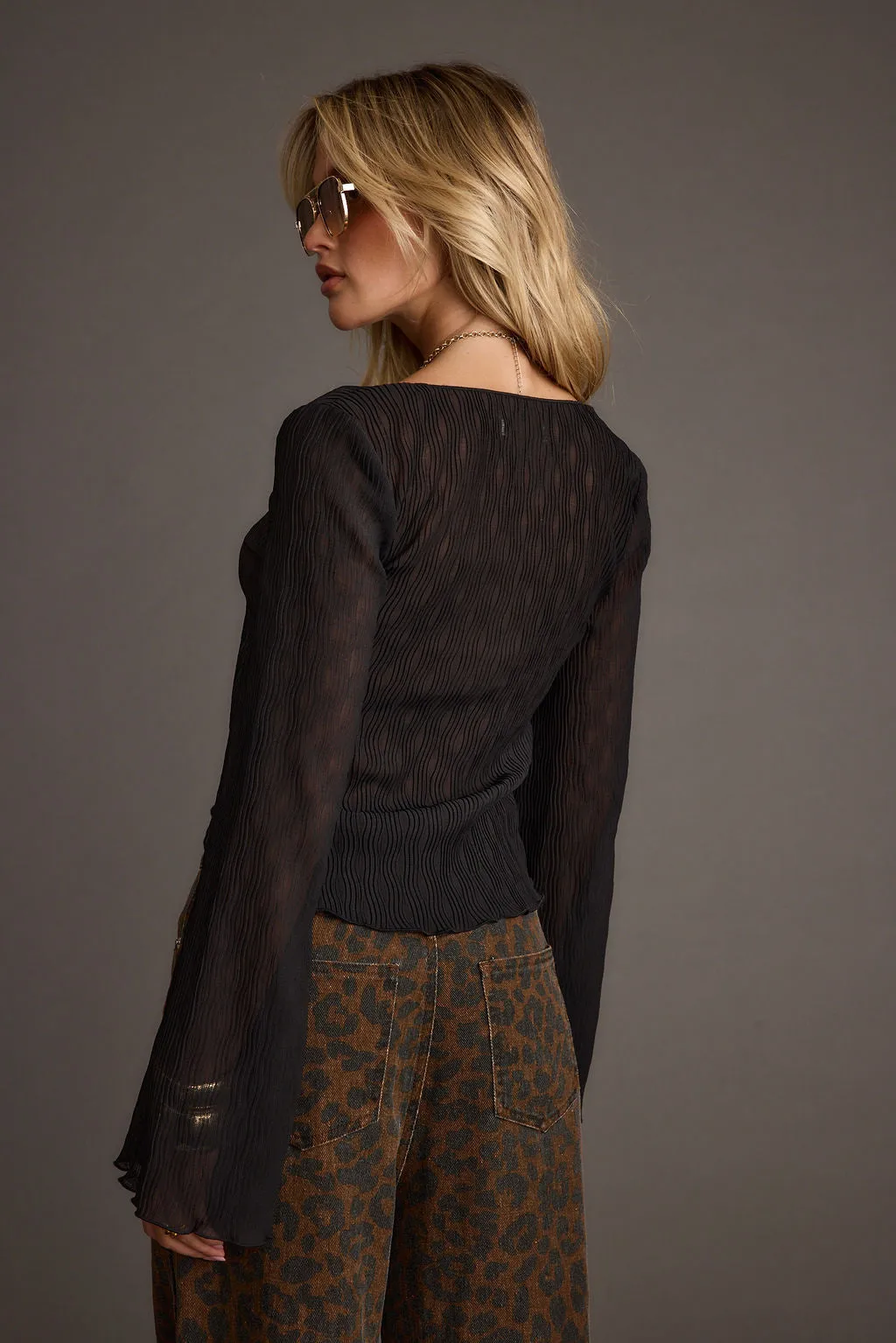 Spring - wear Flex Dry Fabric System Boulevard Black Long Sleeve Tie Front Blouse