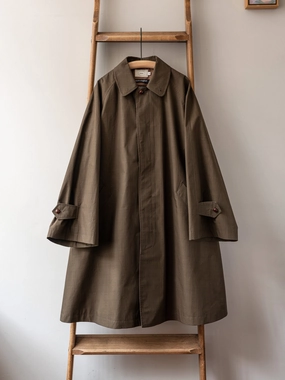 Wax Cotton A-Line Balmacaan Coat / Beige Articulated Ergonomic Fit Minimalist Aesthetic