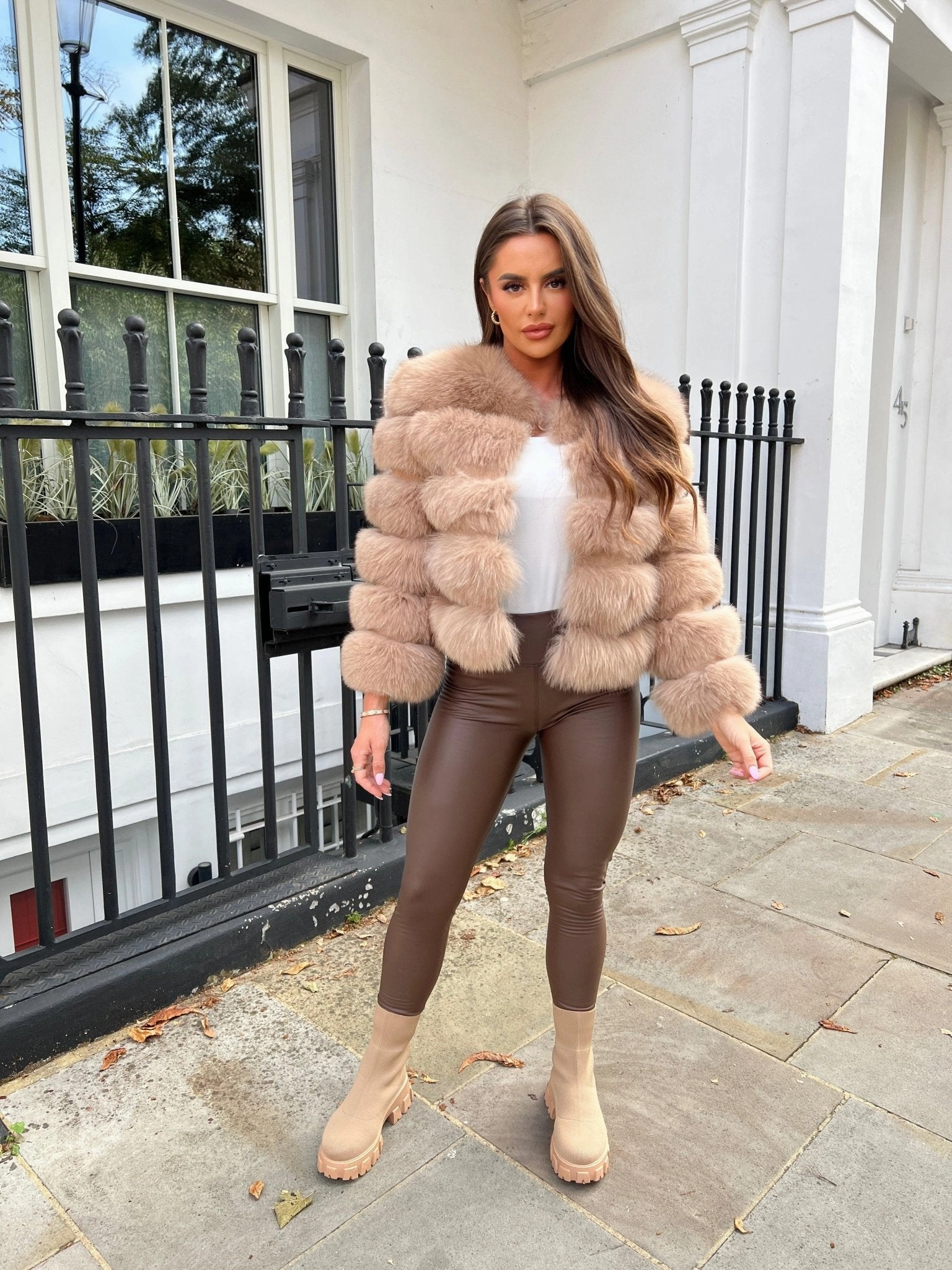 Tan Luxury Fur 5 Row Cropped Sleeve Jacket Sporty Fit Thermo Regulating