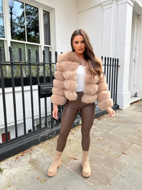 QuiltedPattern Tan Luxury Fur 5 Row Cropped Sleeve Jacket