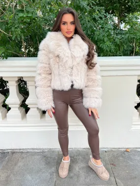 Windproof Material Light Beige Premium Faux Fur Collared Jacket