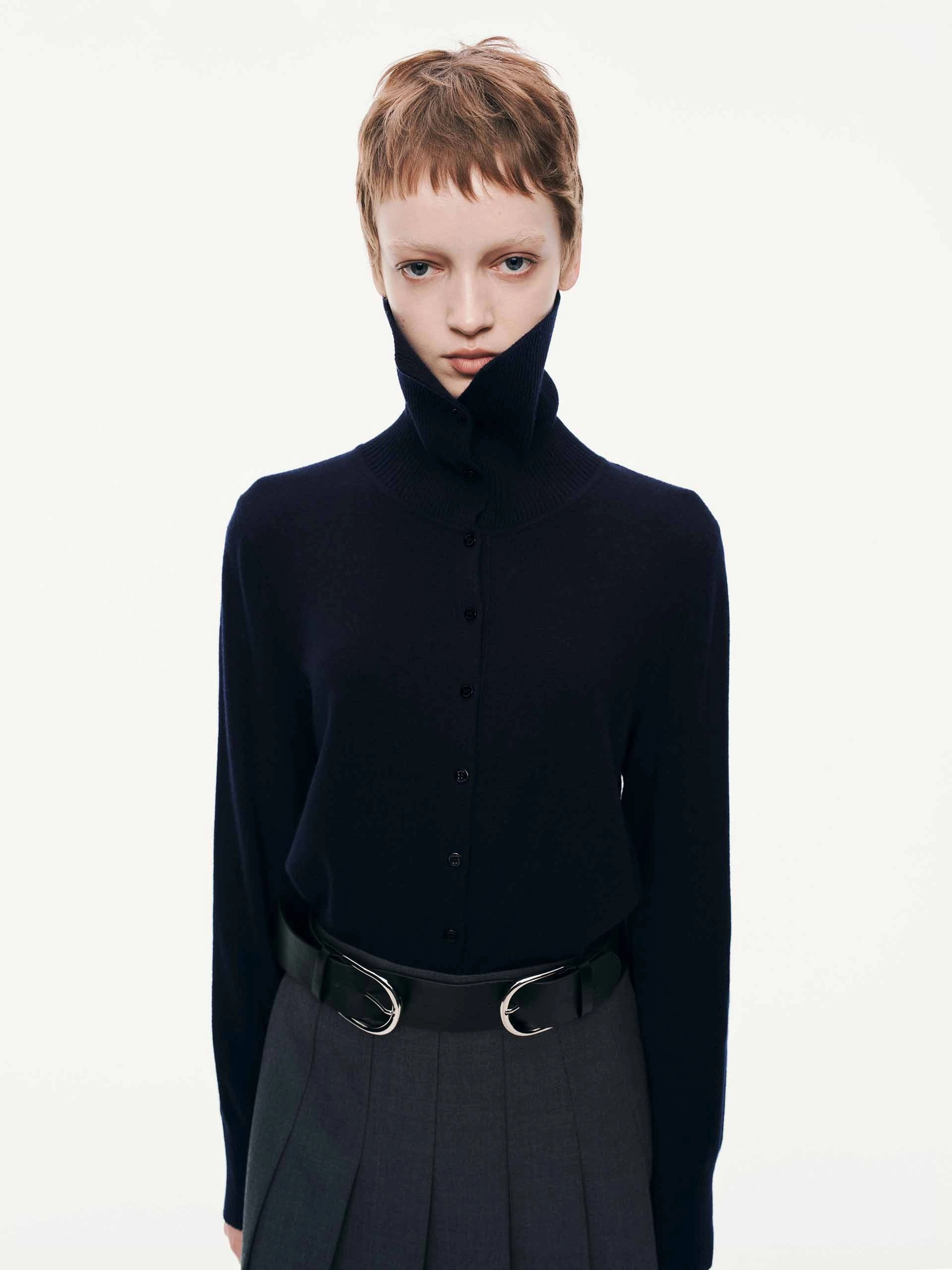 Wide Collar Wool Cardigan Water Repellent Finish